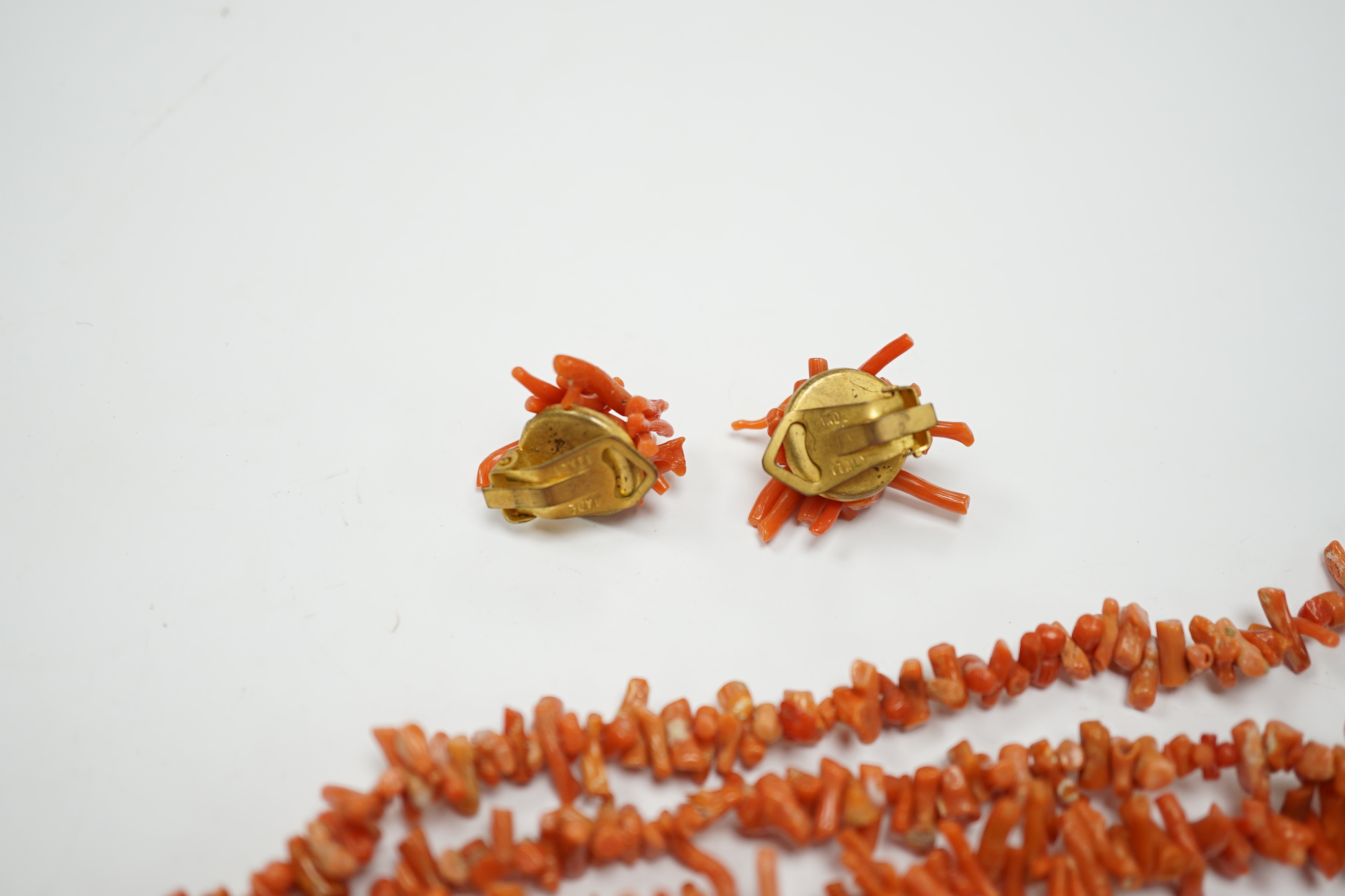 Two jagged coral necklaces, 46cm with a pair of similar earrings and a micro-mosaic and porcelain panel brooch (a.f.).